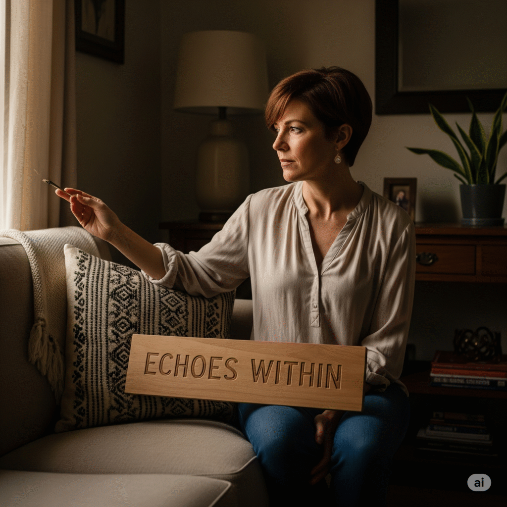 The anger of housewives: 'Echoes Within' branding on an image of a woman in a domestic space.