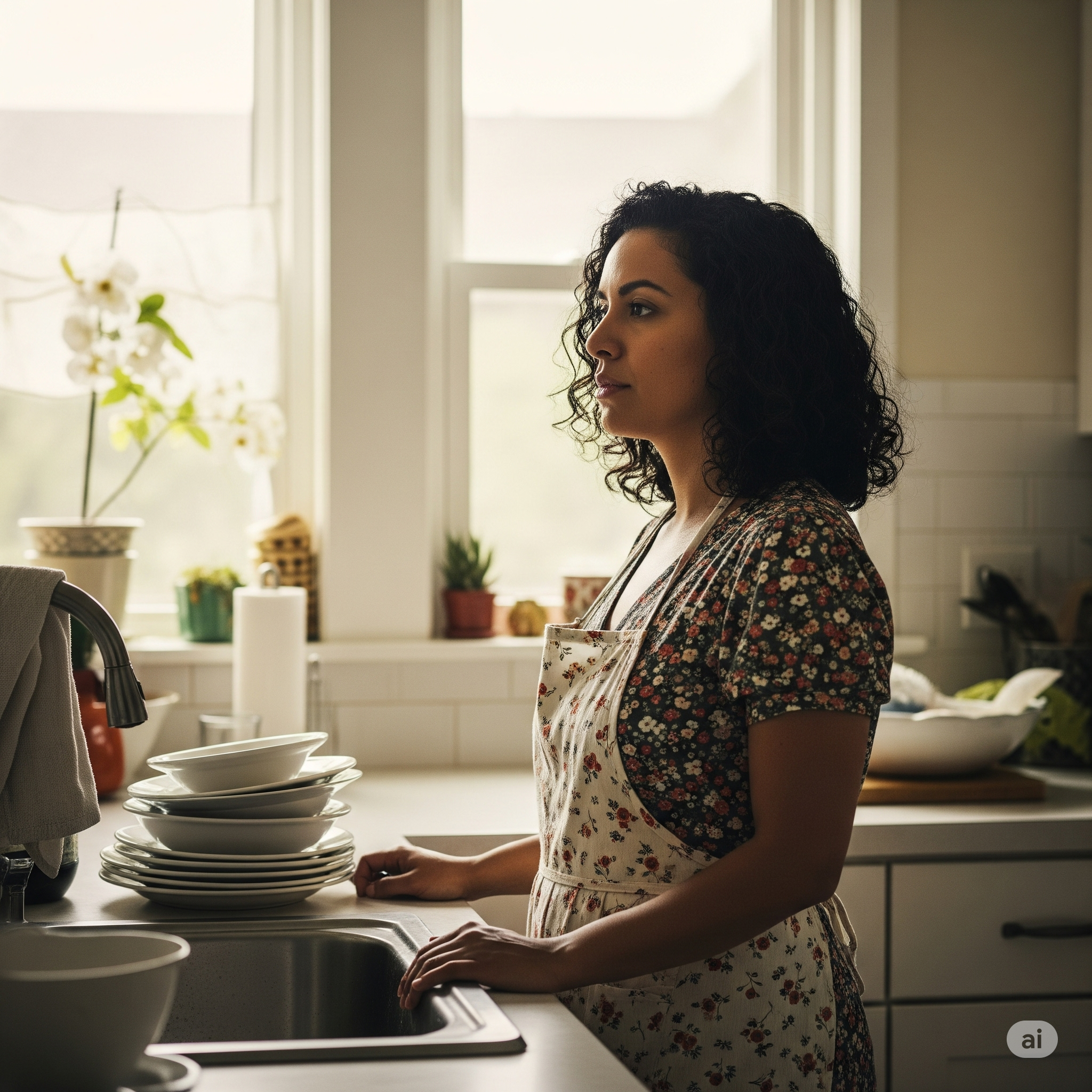 Woman in a kitchen with a subtle expression of anger or frustration, symbolizing the hidden emotions of housewives.